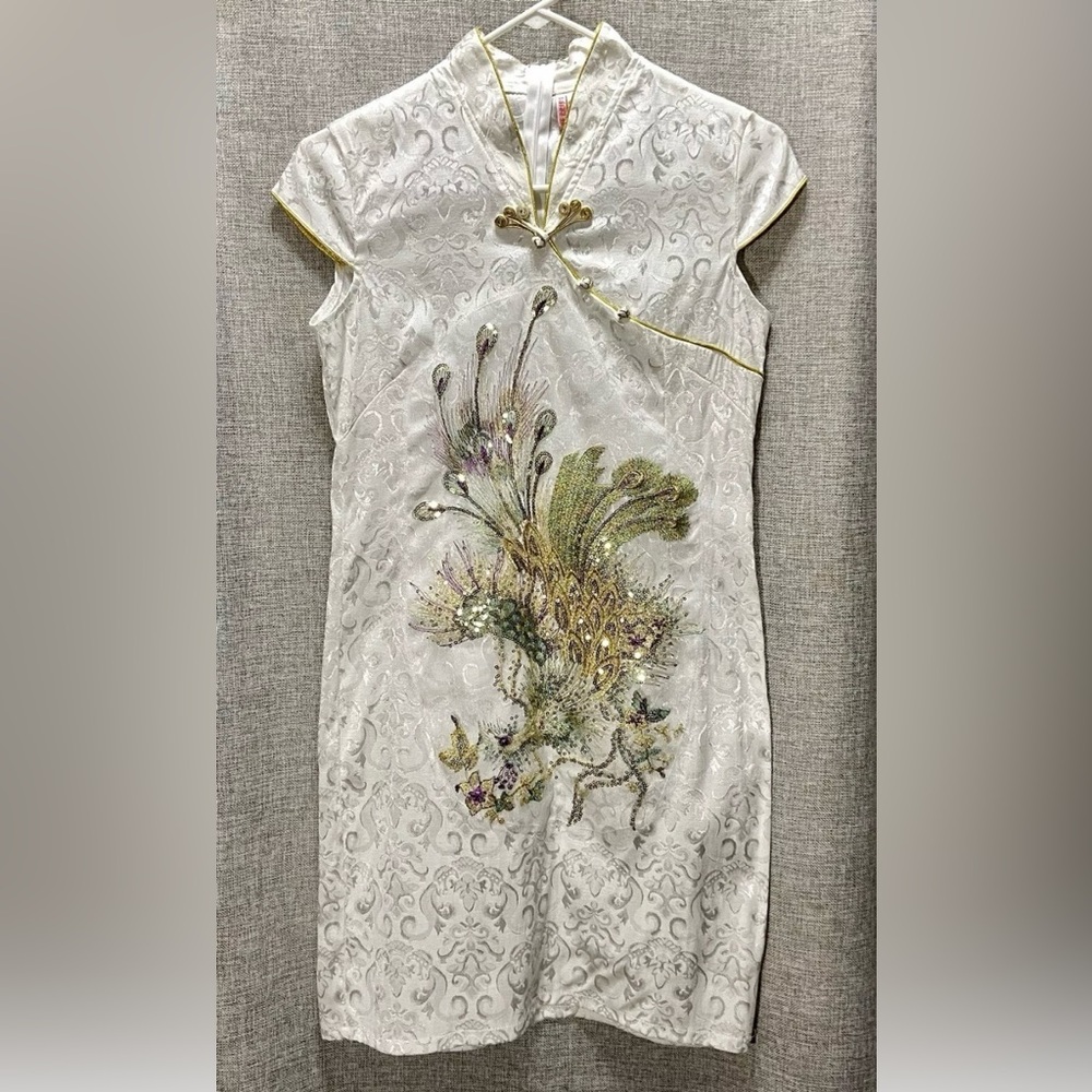 Qipao Dress Chinese Mandarin Collar Peacock Sequins Cheongsam see measurements